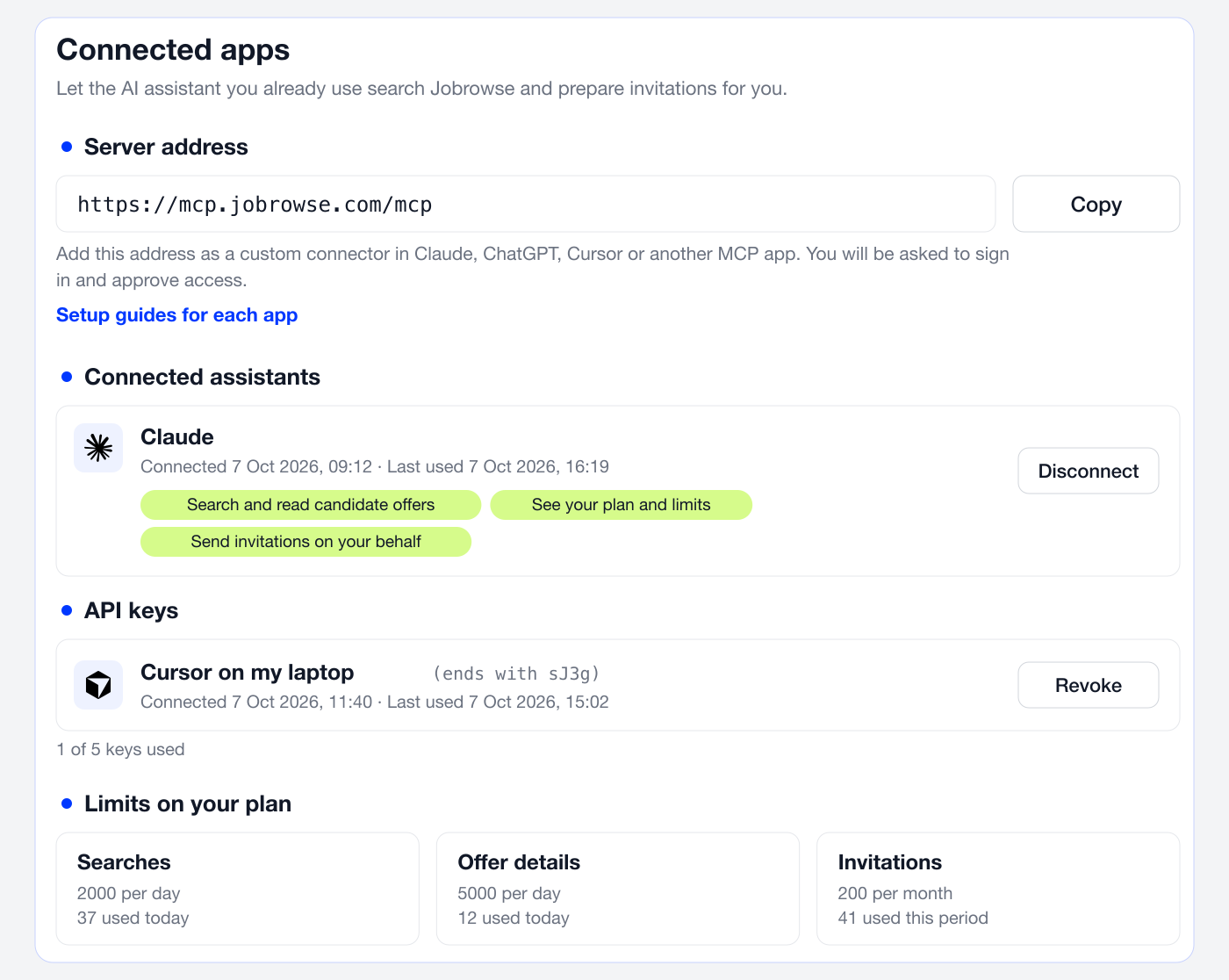 The Connected apps section in the recruiter profile: server address, a connected Claude, an API key, and the limits of the plan