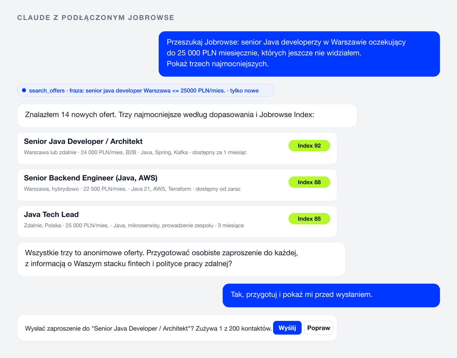 Claude z podłączonym Jobrowse: wyszukiwanie senior Java developerów w Warszawie zwraca trzy anonimowe oferty, a asystent pyta przed wysłaniem zaproszenia